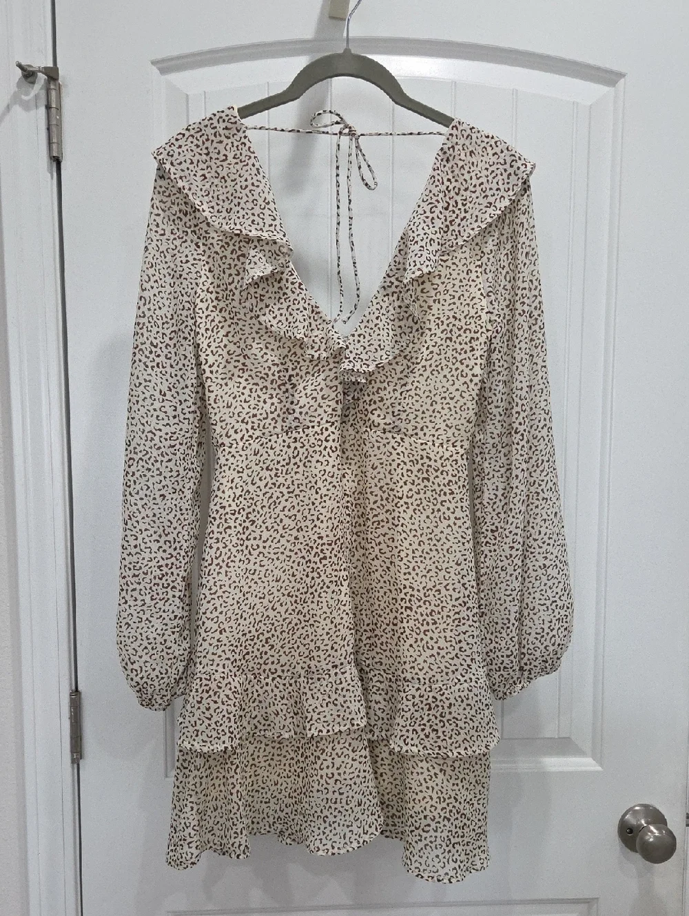 Baevely Leopard Print Tiered Ruffle Long Sleeve Mini Dress, Small - Picture 3 of 5